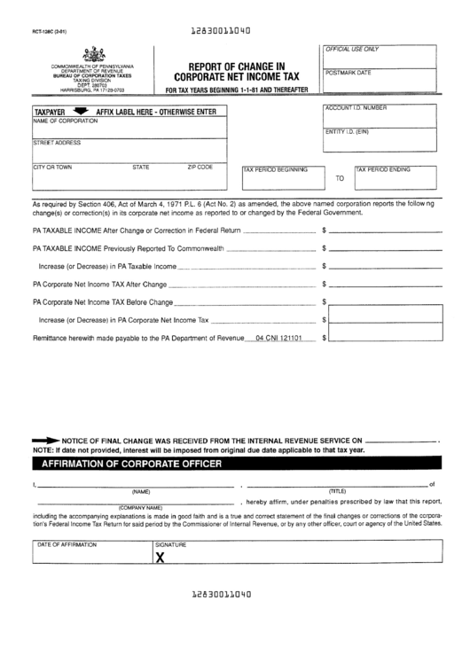 Form Rct-128c - Report Of Change In Corporate Net Income Tax Printable pdf