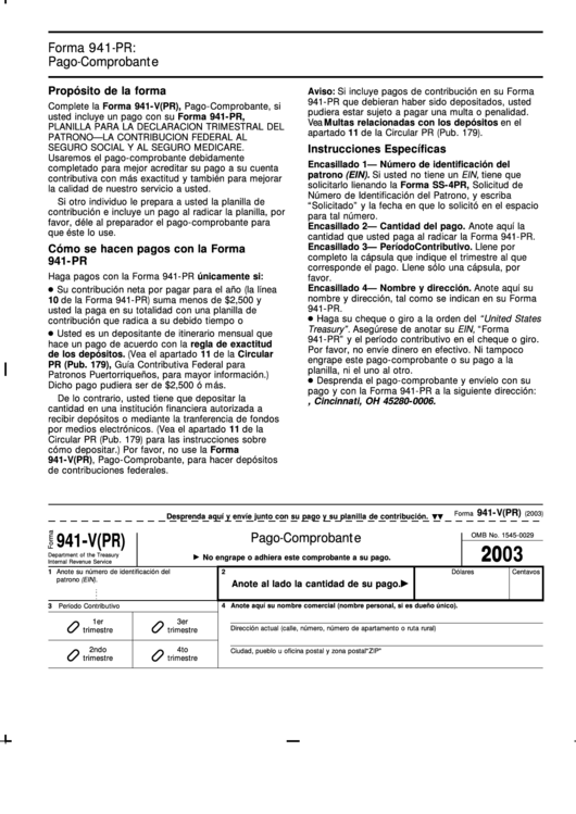 Form 941-V(Pr) - Pago-Comprobante - 2003 Printable pdf