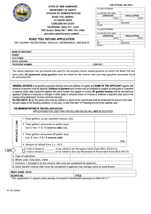 Form Rt-123 - Road Toll Refund Application Printable pdf
