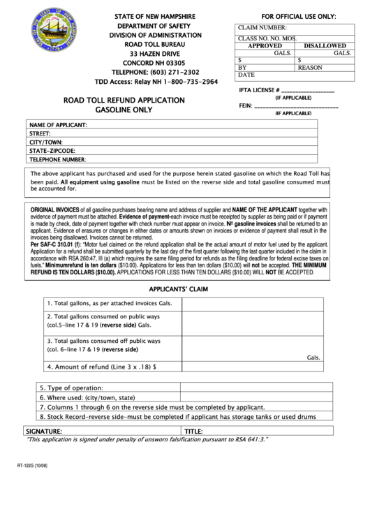 Form Rt 122g - Road Toll Refund Application Gasoline Only Printable pdf