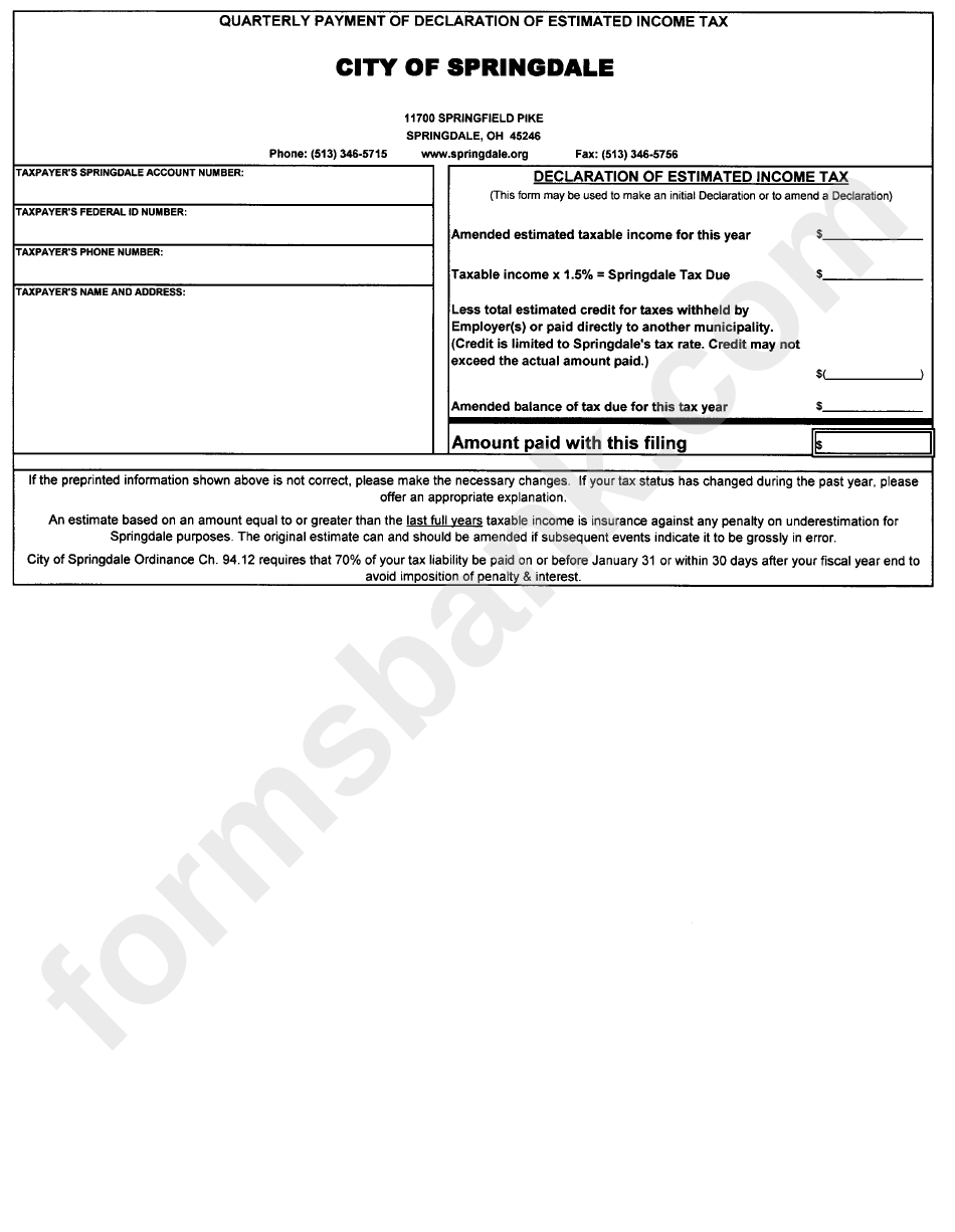 City Of Springdale - Quarterly Payment Of Declaration Of Estimated Income Tax Form