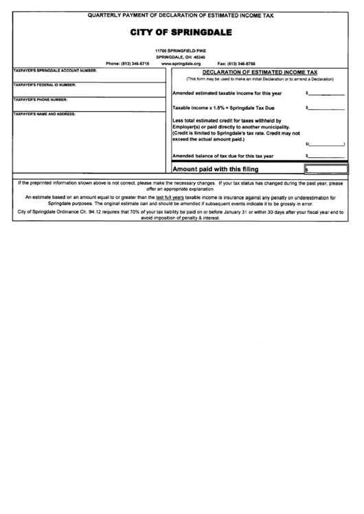 City Of Springdale - Quarterly Payment Of Declaration Of Estimated Income Tax Form Printable pdf