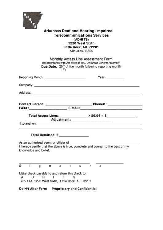 Monthly Access Line Assessment Form - Arkansas Deaf And Hearing Impaired Telecommunications Services - Arkansas Printable pdf