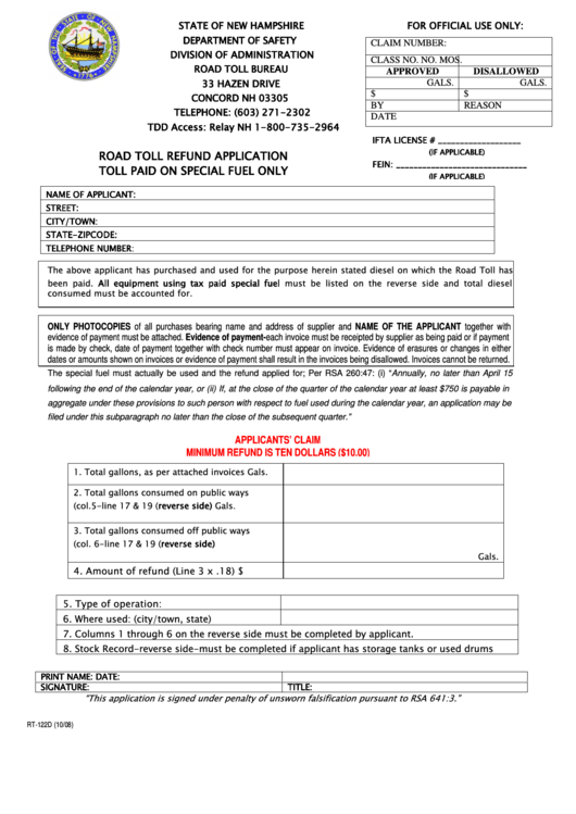 Form Rt 122d - Road Toll Refund Application Toll Paid On Special Fuel Only Printable pdf