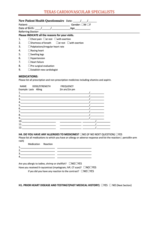 New Patient Health Questionnaire Form Printable pdf