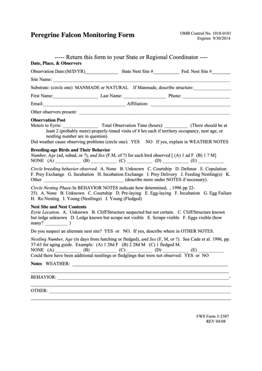 Fillable Fws Form 3-2307 - Peregrine Falcon Monitoring Form Printable pdf