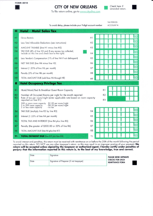 Form 8010 - Hotel - Motel Tax - City Of New Orleans - Louisiana Printable pdf