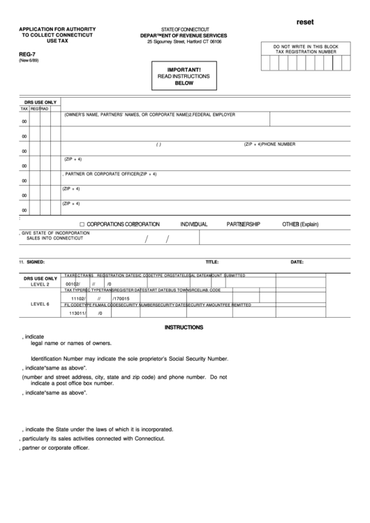 Fillable Form Reg-7 - Application For Authority To Collect Connecticut Use Tax Printable pdf