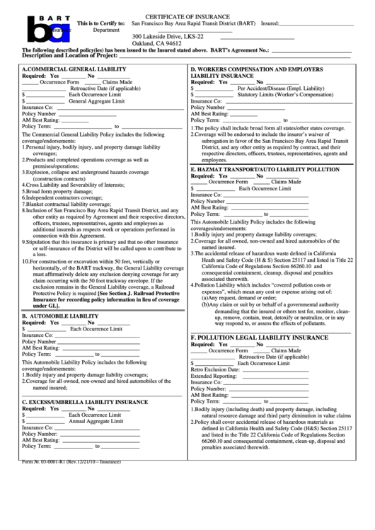 Fillable Form 03-0001-R1 - Certificate Of Insurance Form - California Insurance Department Printable pdf