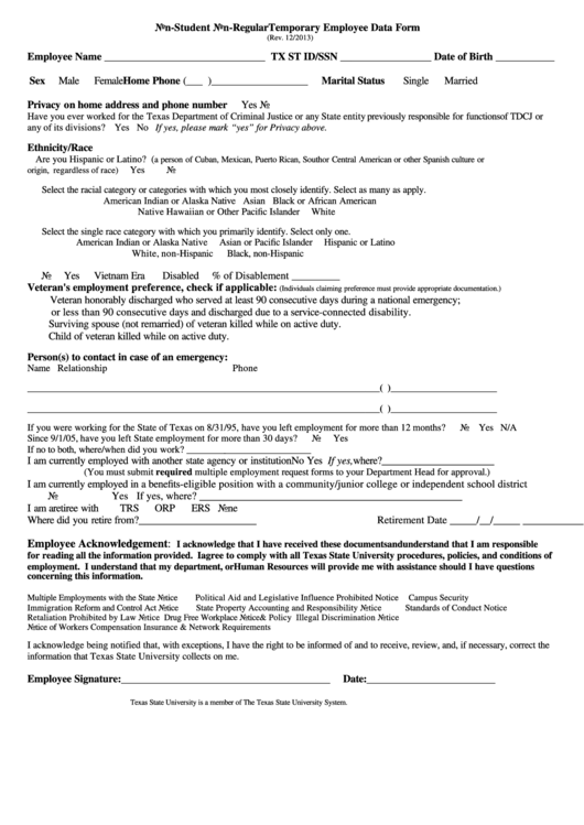 Non-student Non-regular Temporary Employee Data Form