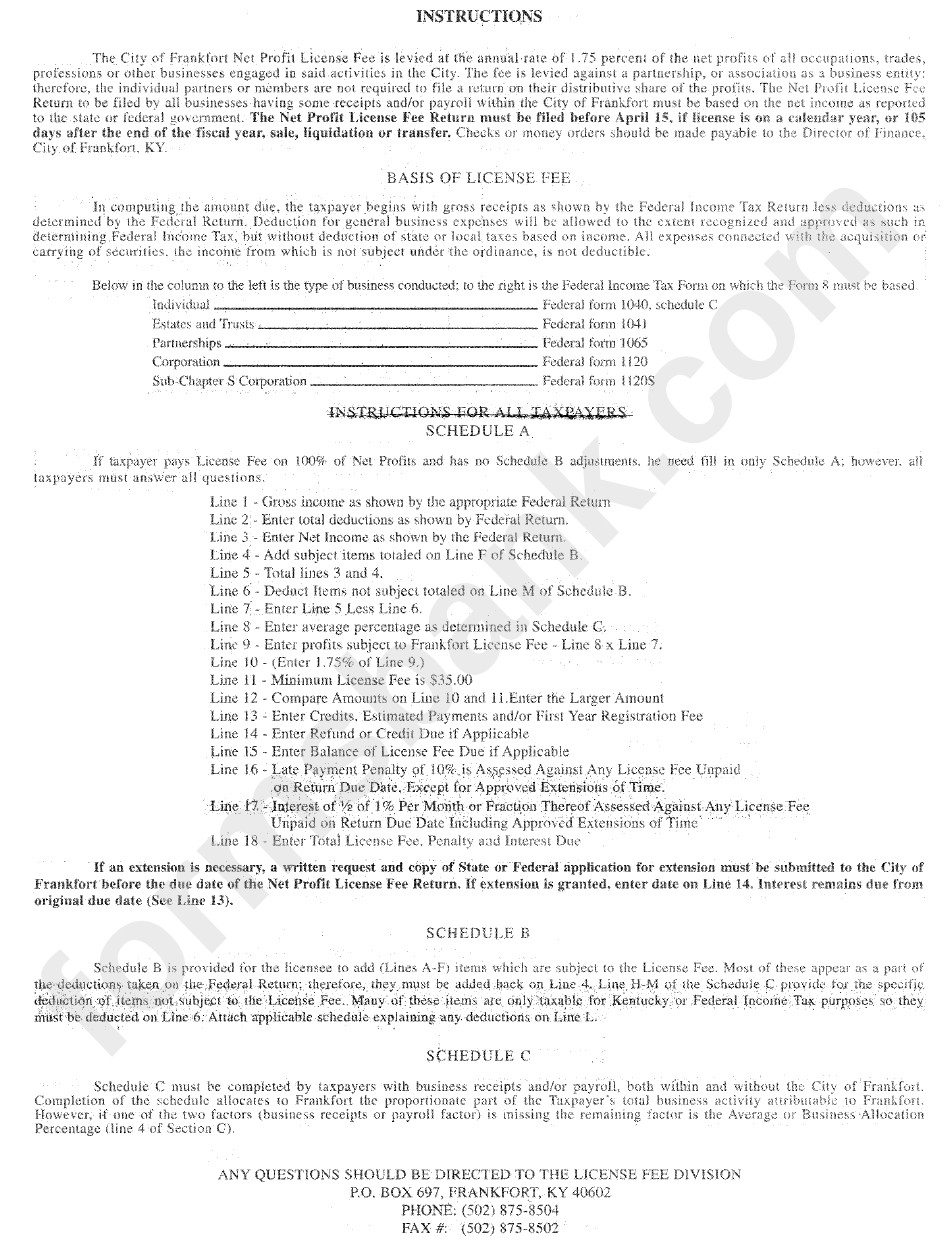 The City Of Frankfort Net Profit License Fee Instructions