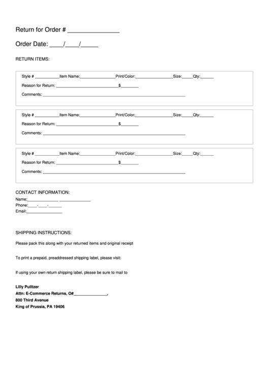 Return For Order Form Printable pdf