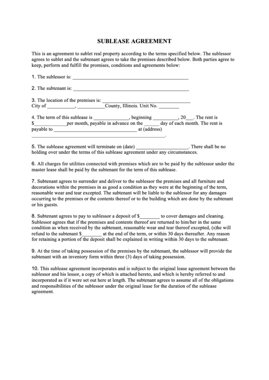 Fillable Sublease Agreement Template - Illinois Printable pdf