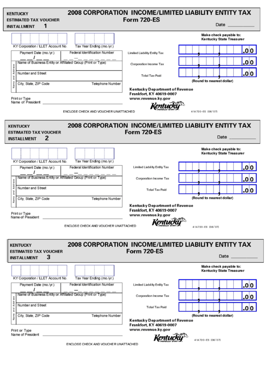 Form 720-Es - 2008 Corporation Income/limited Liability Entity Tax Printable pdf