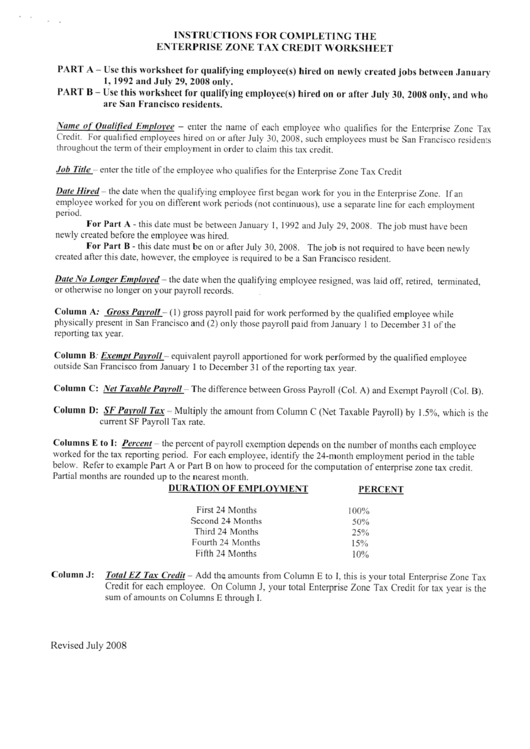 Instructions For Completing The Enterprise Tax Credit Worksheet - 2008 Printable pdf