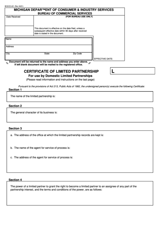 Fillable Form Bcs/cd-401 - Certificate Of Limited Partnership For Use By Domestic Limited Partnerships - 2001 Printable pdf