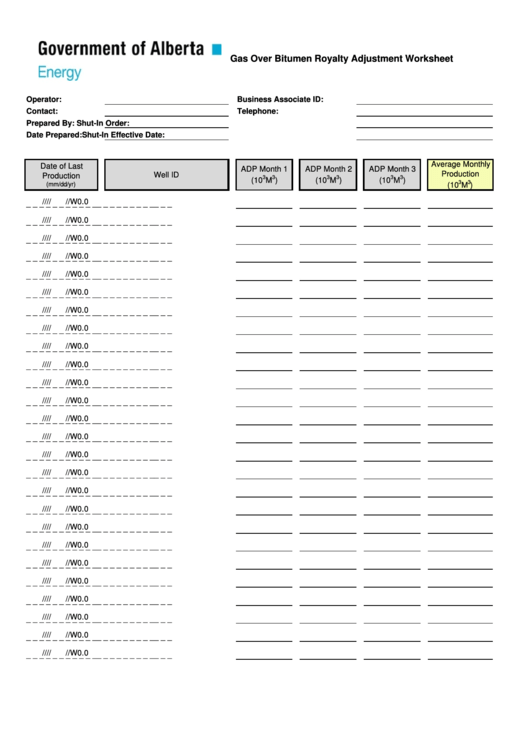 Fillable Gas Over Bitumen Royalty Adjustment Worksheet - Alberta Printable pdf