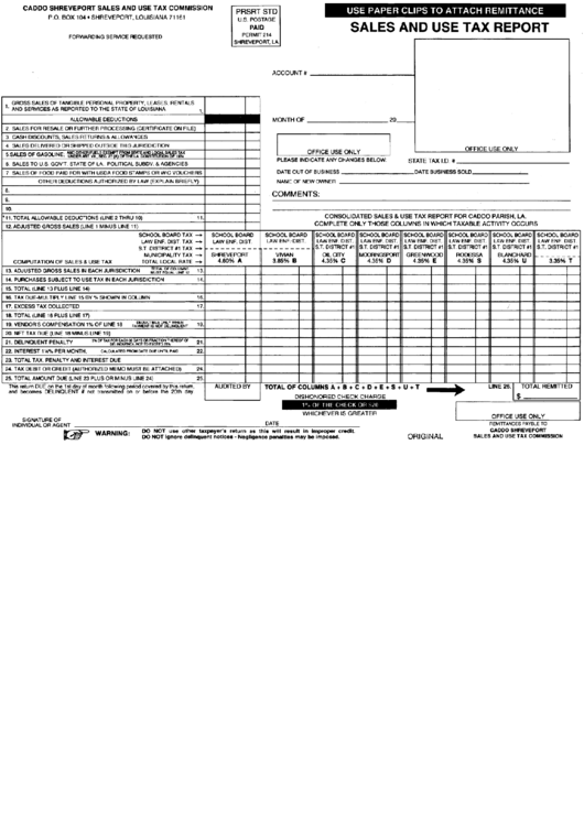 Sales / Use Tax Report - Caddo Shreveport Printable pdf