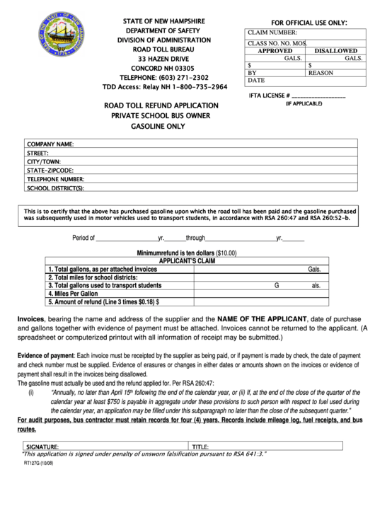 Form Rt127g - Road Toll Refund Application - Private School Bus Owner - Gasoline Only Printable pdf