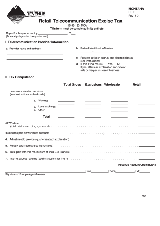 Fillable Form Rtet - Retail Telecommunication Excise Tax Printable pdf