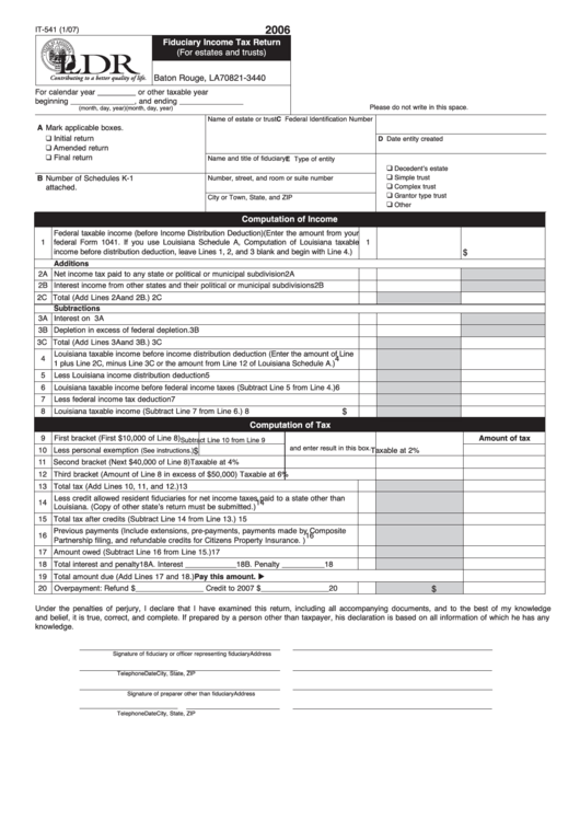 Fillable Form It-541 - Fiduciary Income Tax Return (For Estates And Trusts) - 2006 Printable pdf