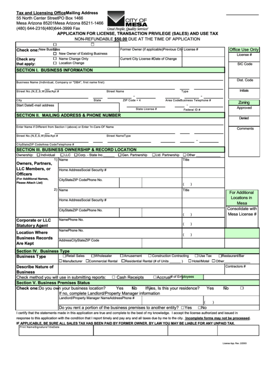 Application For License, Transaction Privilege (Sales) And Use Tax - City Of Mesa Printable pdf