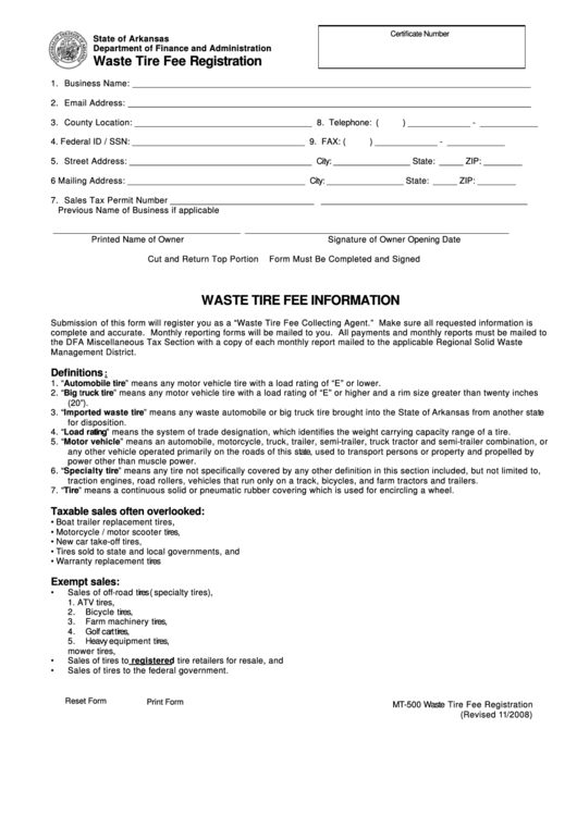 Fillable Form Mt-500 - Waste Tire Fee Registration - Arkansas Department Of Finance And Administration Printable pdf