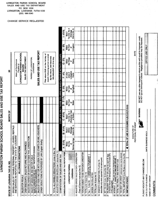 Sales And Use Tax Report - Livingston Parish Printable pdf