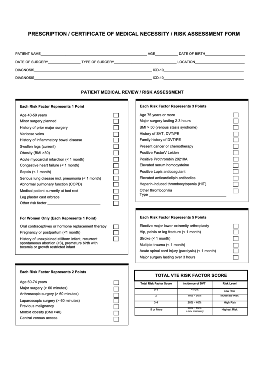 Form Aw-1.01837 - Prescription / Certificate Of Medical Necessity / Risk Assessment Form Printable pdf