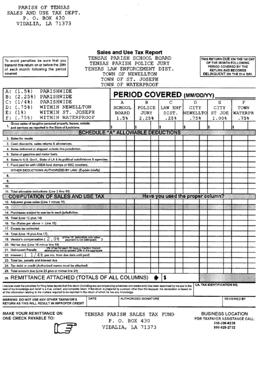 Sales And Use Tax Report - Parish Of Tensas Printable pdf