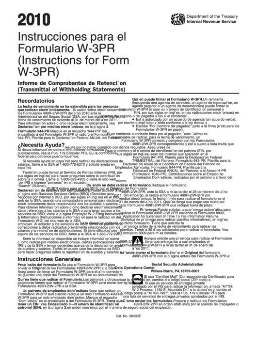 Instrucciones Para El Formulario W-3pr (instructions For Form W-3pr) - 2010