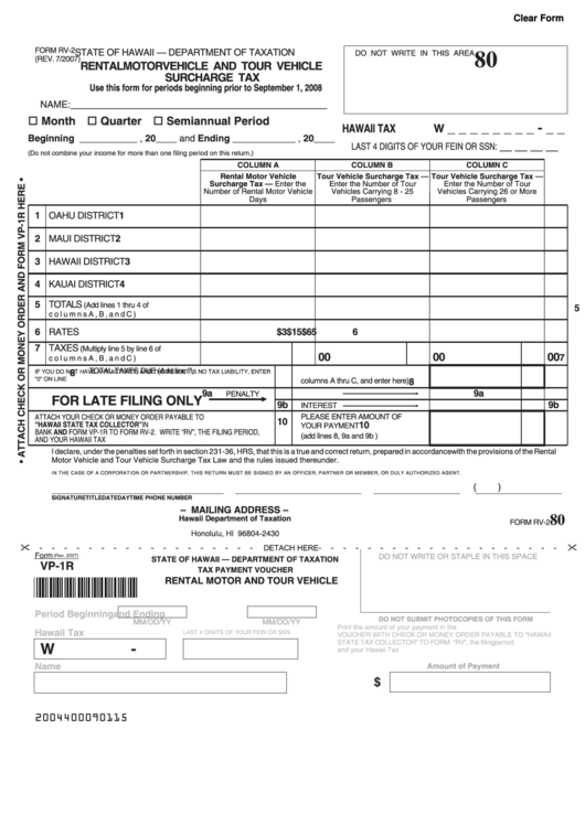 Fillable Form Rv-2 - Rental Motor Vehicle And Tour Vehicle Surcharge Tax - 2007 Printable pdf