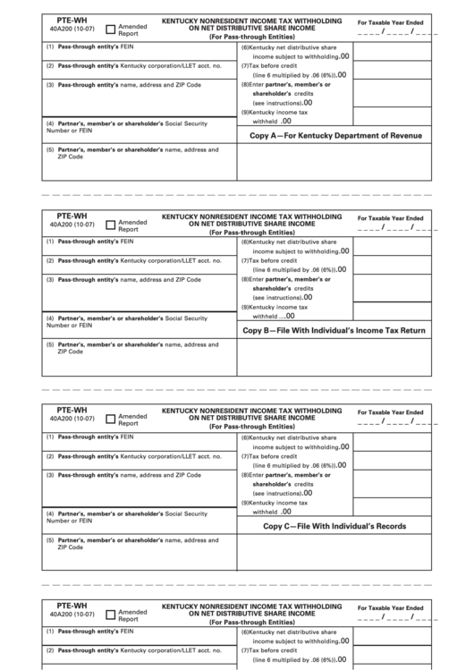 Form Pte-Wh - Kentucky Nonresident Income Tax Withholding On Net Distributive Share Income Printable pdf