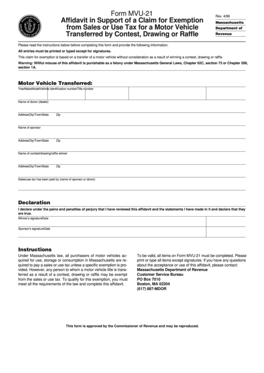 Form Mvu-21 - Affidavit In Support Of A Claim For Exemption From Sales Or Use Tax For A Motor Vehicle Transferred By Contest, Drawing Or Raffle Printable pdf
