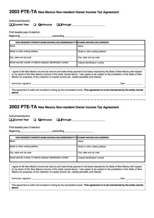 Form Pte-Ta - New Mexico Non-Resident Owner Income Tax Agreement - 2003 Printable pdf