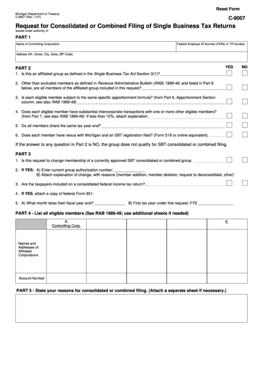 Fillable Form C-8007 - Request For Consolidated Or Combined Filing Of Single Business Tax Returns - 2007 Printable pdf
