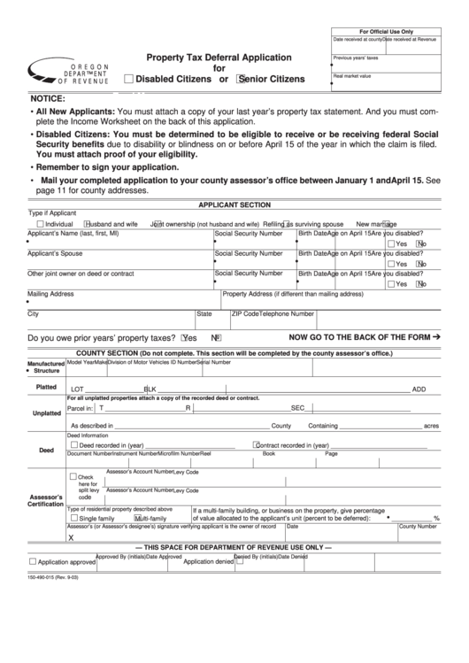 Fillable Form 150-490-015 - Property Tax Deferral Application For Disabled Citizens / Senior Citizens Printable pdf