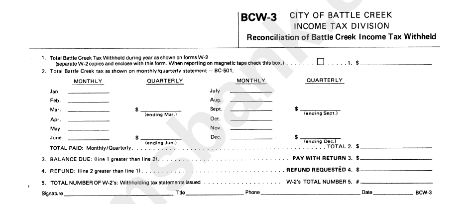 Form Bcw-3 - Reconciliation Of Battle Creek Income Tax Withheld
