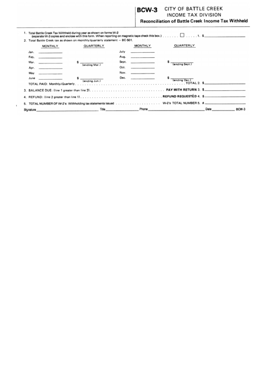 Form Bcw-3 - Reconciliation Of Battle Creek Income Tax Withheld Printable pdf