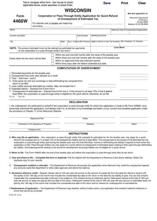 Fillable Form 4466w - Corporation Or Pass-Through Entity Application For Quick Refund Of Overpayment Of Estimated Tax Printable pdf