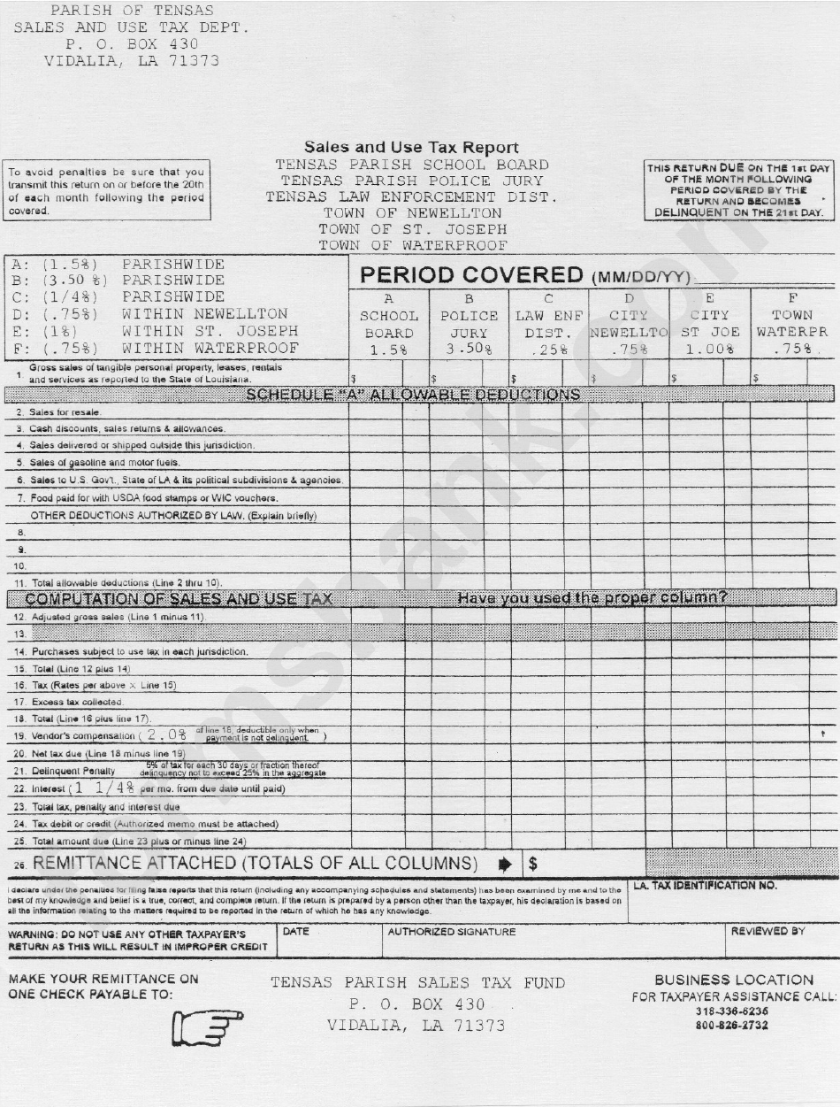 Sales And Use Tax Report Parish Of Tensas printable pdf download