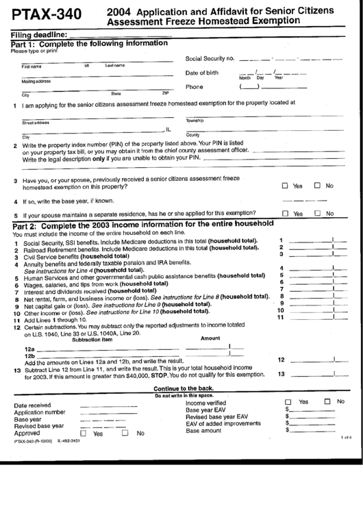 Form Ptax-340 - Application And Affidavit For Senior Citizens Assessment Freeze Homestead Exemption Printable pdf