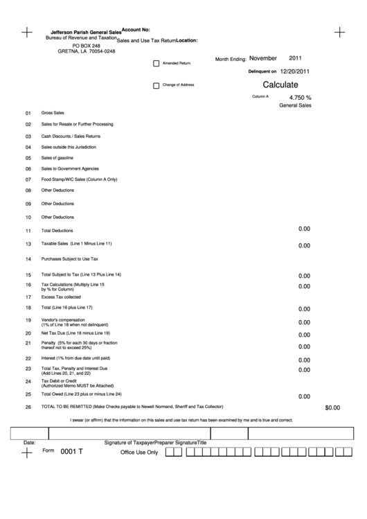 Fillable Form 0001 T - Sales And Use Tax Return Printable pdf