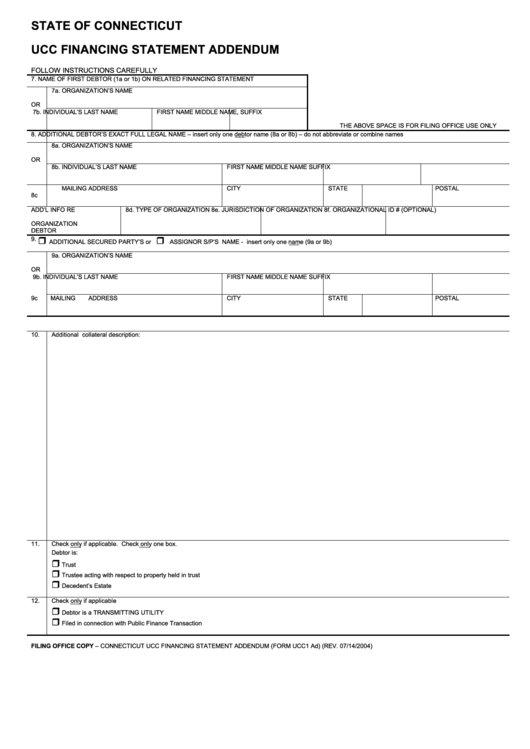 Ucc Financing Statement Addendum Form - State Of Connecticut Printable pdf