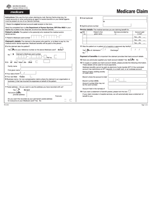 Fillable Medicare Claim Form - Australian Government - Department Of Human Services Printable pdf