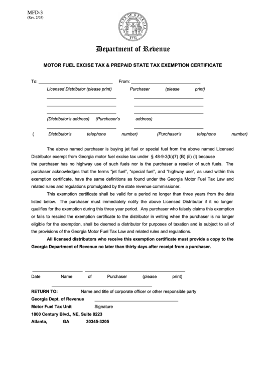 Form Mfd-3 - Motor Fuel Excise Tax & Prepaid State Tax Exemption Certificate Printable pdf
