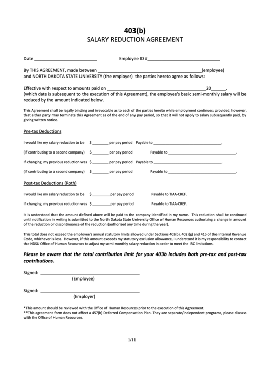 Form 403(B) - Salary Reduction Agreement Printable pdf