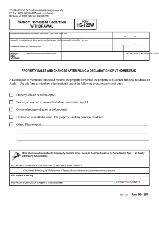 Form Hs-122w - Withdrawal - Vermont Homestead Declaration Printable pdf