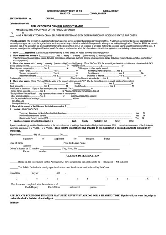 Fillable Application For Criminal Indigent Status Form Printable pdf