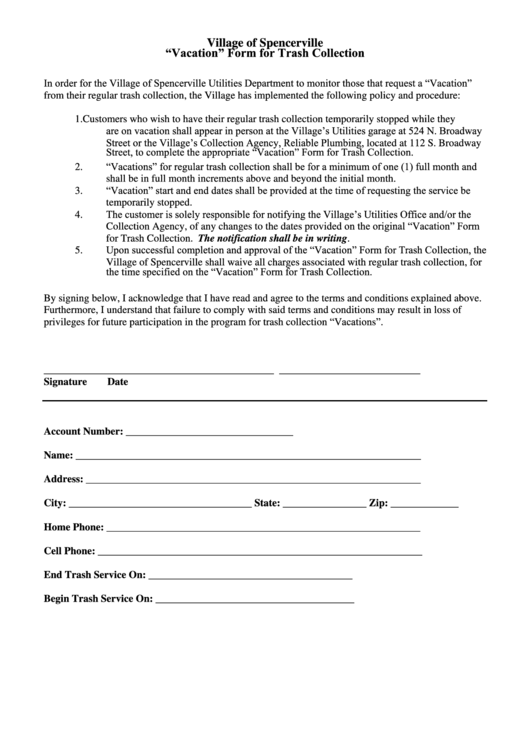 Vacation Form For Trash Collection Printable pdf